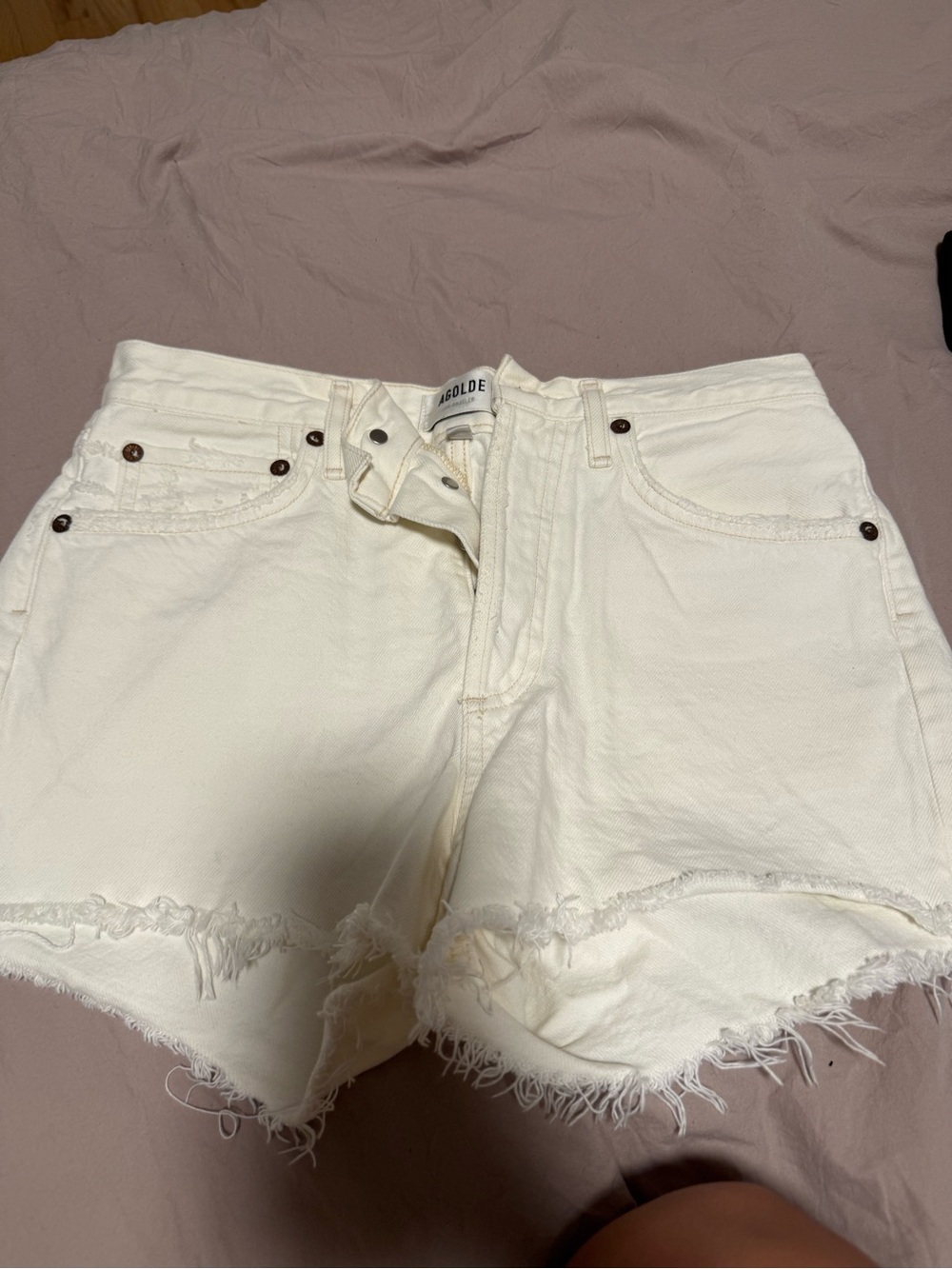 Agolde Cream High-Rise Frayed Hem Denim Shorts